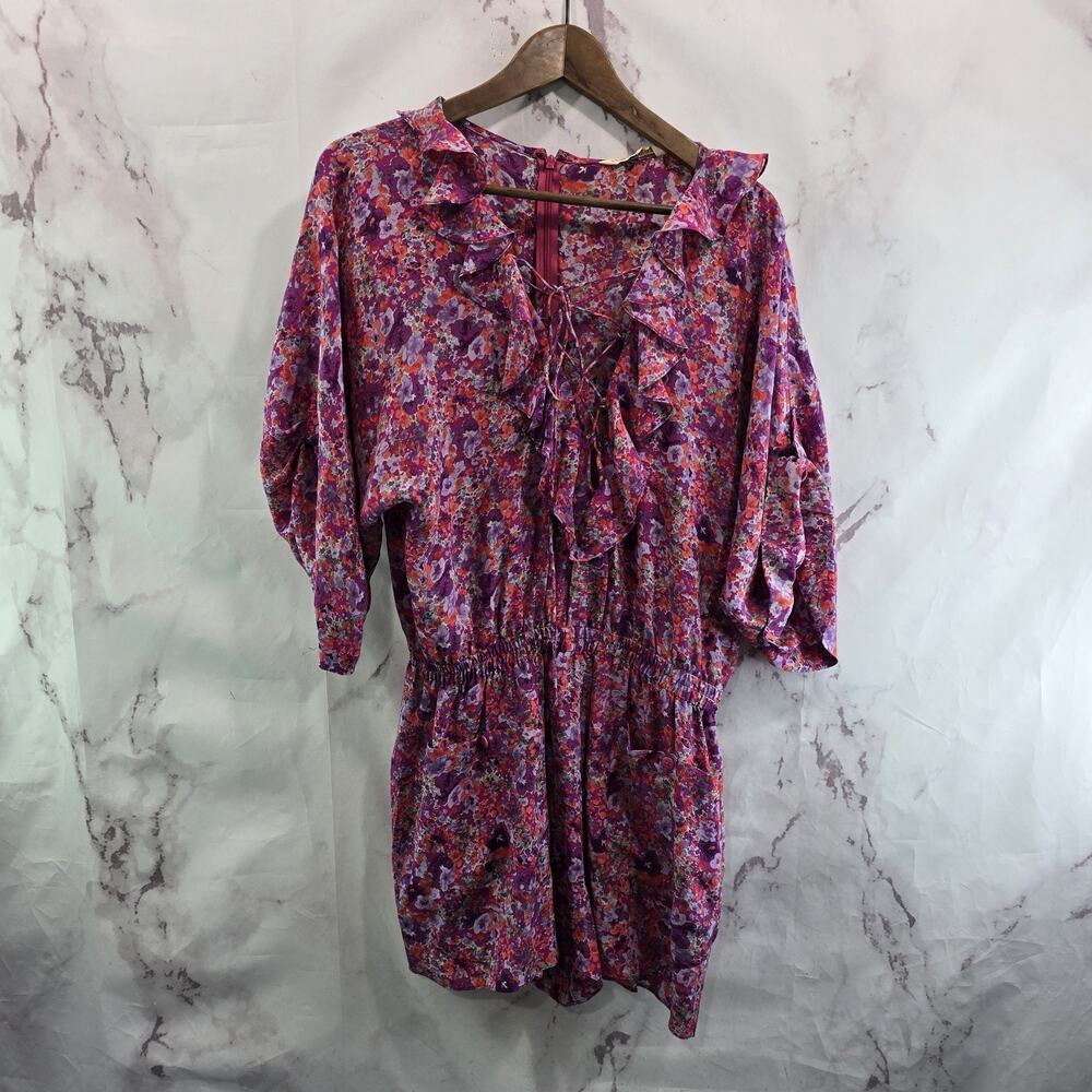 Rebecca Taylor Romper Womens 4 Small Pink Floral Silk Cuffed Jumpsuit Shorts